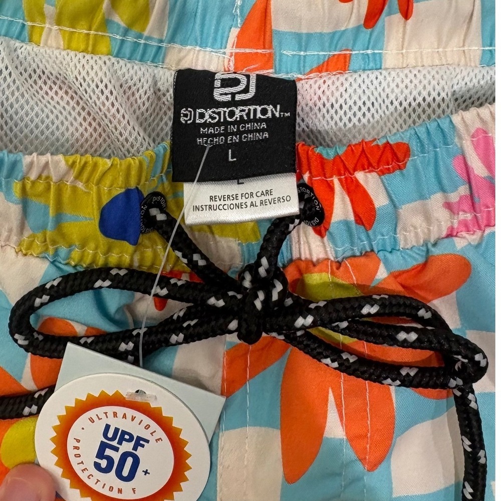 Distortion Men Swim Trunks Floral Checkered Drawstring 3 pockets Large‎ NWT - Picture 4 of 5